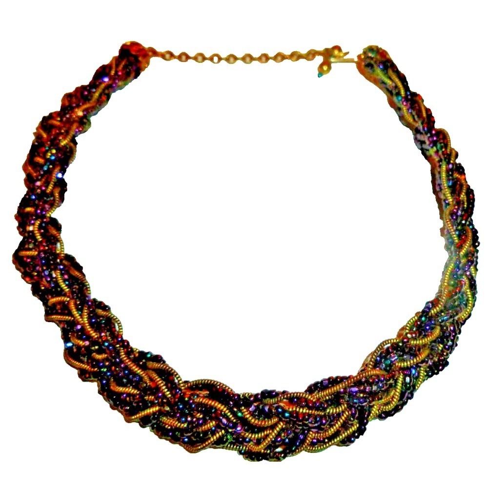Vintage Style Iridescent Purple Gold Braided Seed Bead Statement Choker Necklace